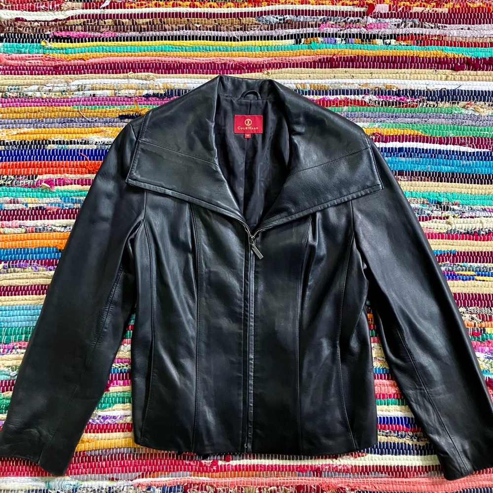 Cole Haan ~ Black lambskin leather jacket wide collar